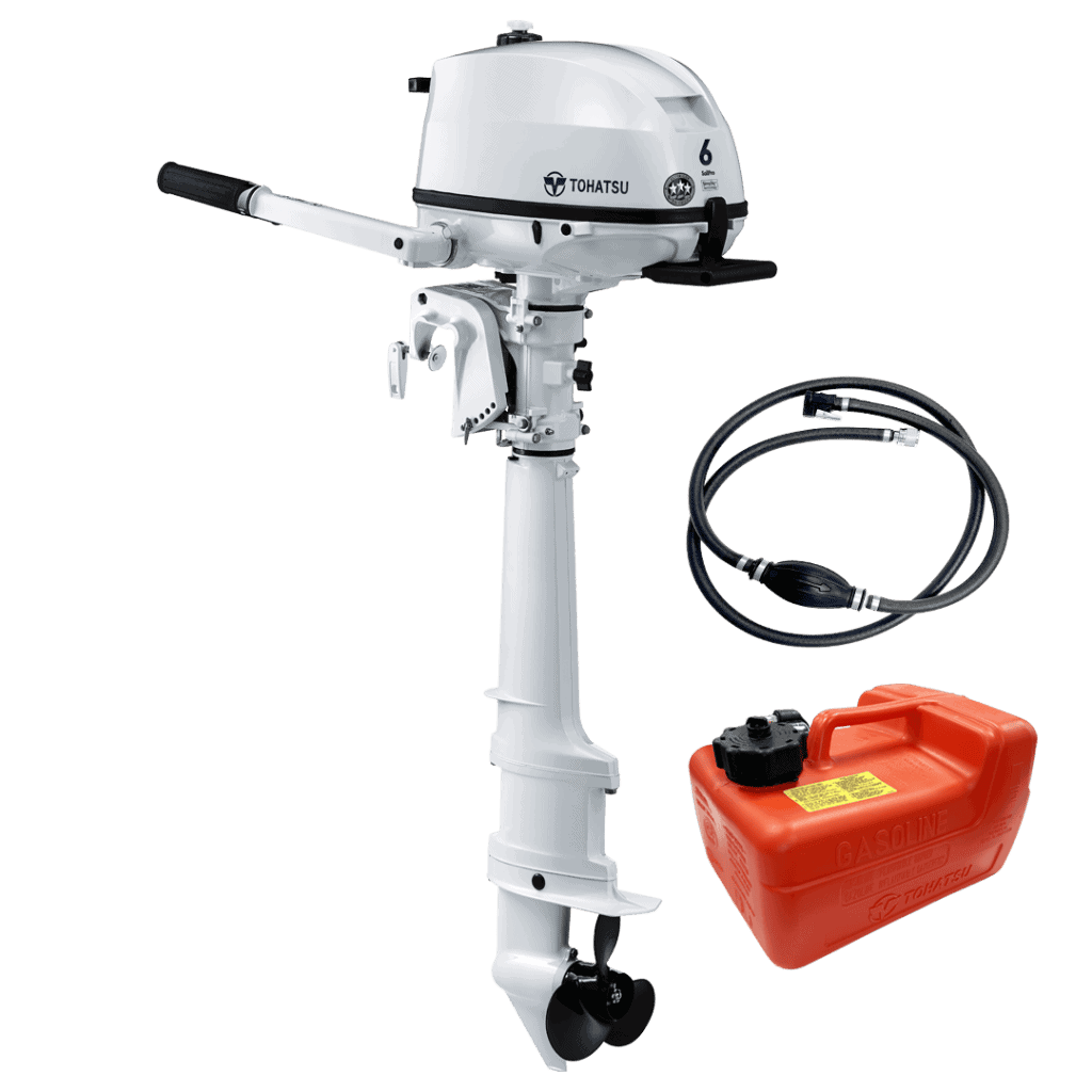 Outboard motor for boats with 6 HP power and fuel tank.