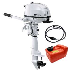 Tohatsu 6 HP outboard motor with fuel tank and control cable.