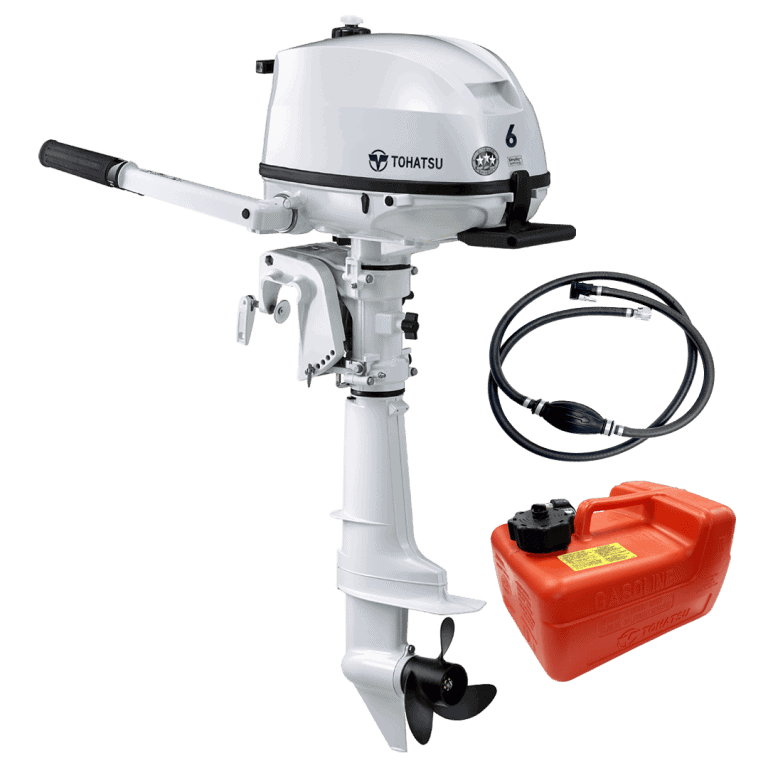 Tohatsu 6 HP outboard motor with fuel tank and control cable.