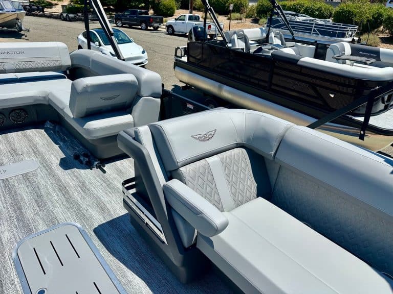 Modern pontoon boat interior with comfortable seating and premium finishes.