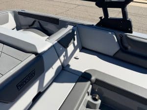 Interior view of the 2026 Heyday WT2 DC surf boat showing seating and controls.