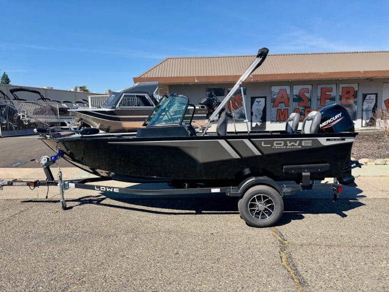 Lowe FM 1675 WT boat with Mercury outboard motor on trailer.