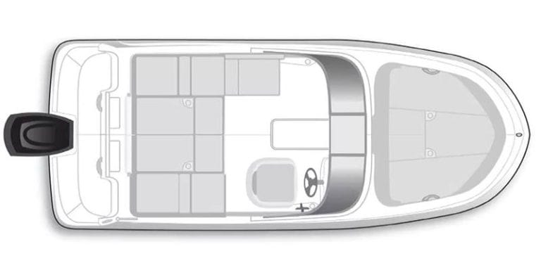 Outboard-powered Bayliner VR4 boat with spacious interior and modern design.
