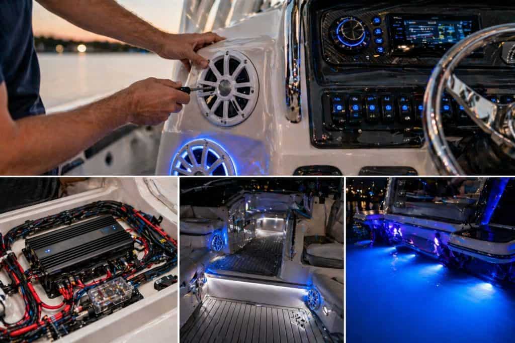 Marine electrical repair and installation on boat with LED lighting and audio system.