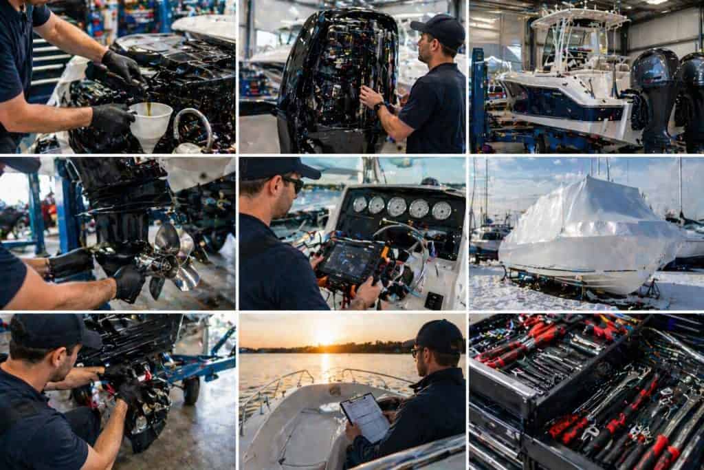 Boat service technician inspecting engine components for maintenance.