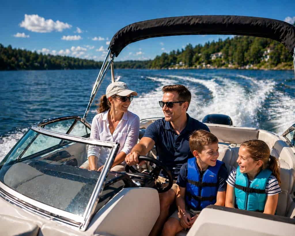Family enjoying boat rental during 25-Hour Break-In Service on the water.