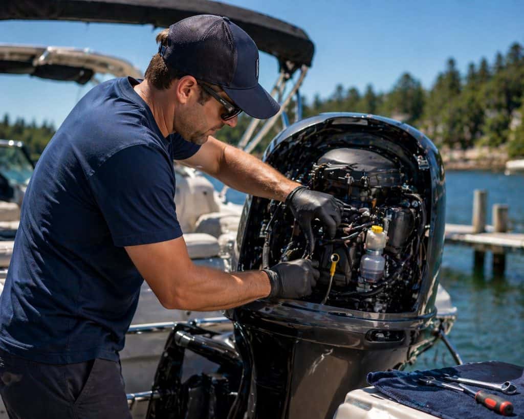 Outboard motor repair technician working on boat engine at dock.