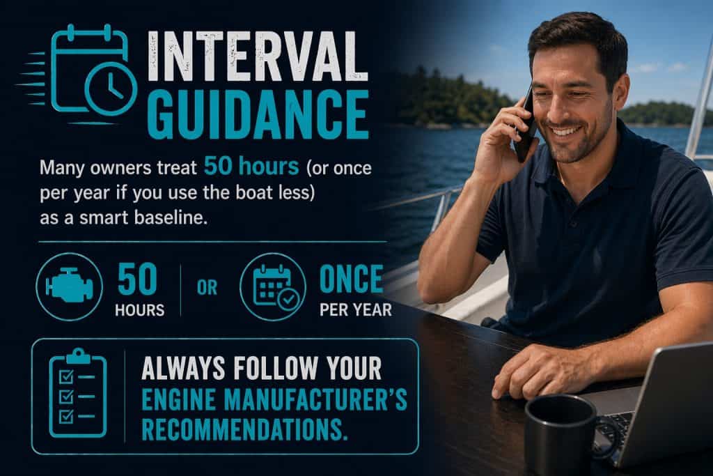 Boat engine service advice emphasizing 50-hour or annual checkups for optimal performance.