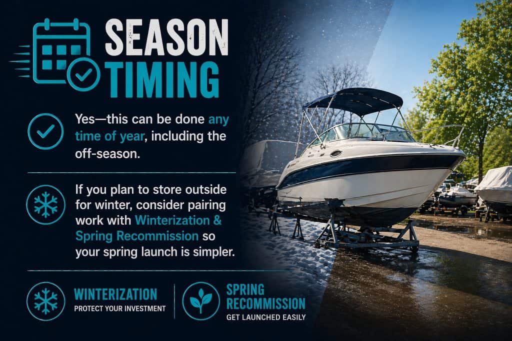 Engine service for 50-hour boat engine checkup and maintenance.