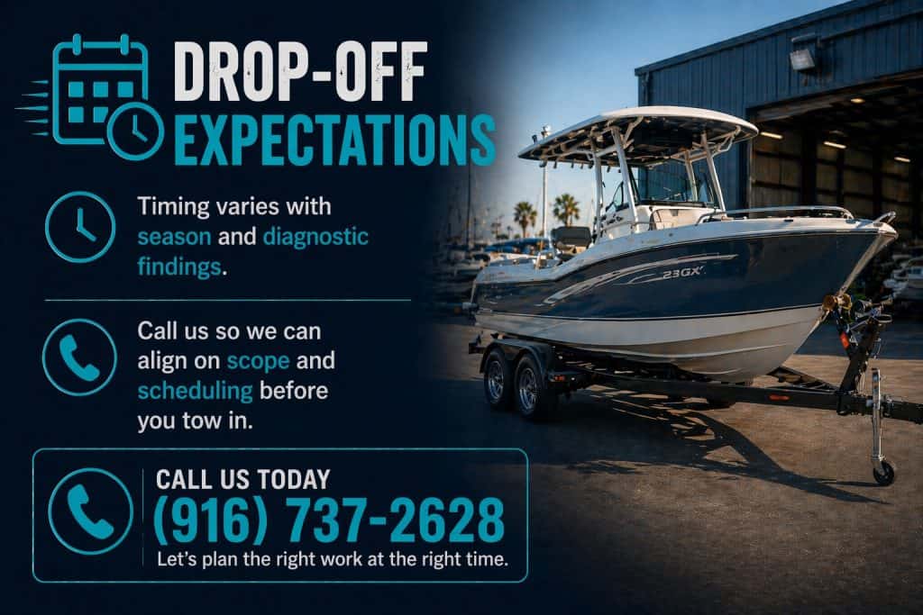Marine boat engine service for 50-hour engine check and maintenance.