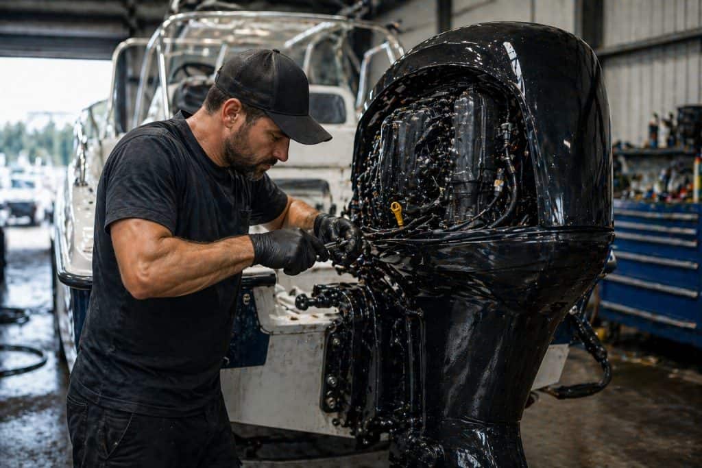Engine service technician inspecting boat engine for 50-hour service.