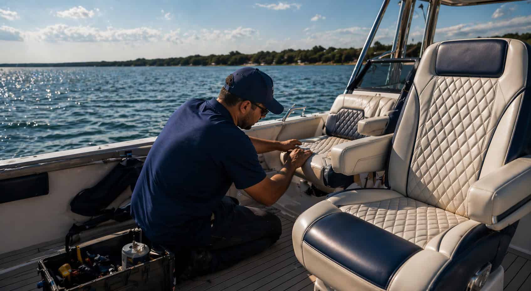 Boat upholstery repair technician fixing boat seats on a sunny day.