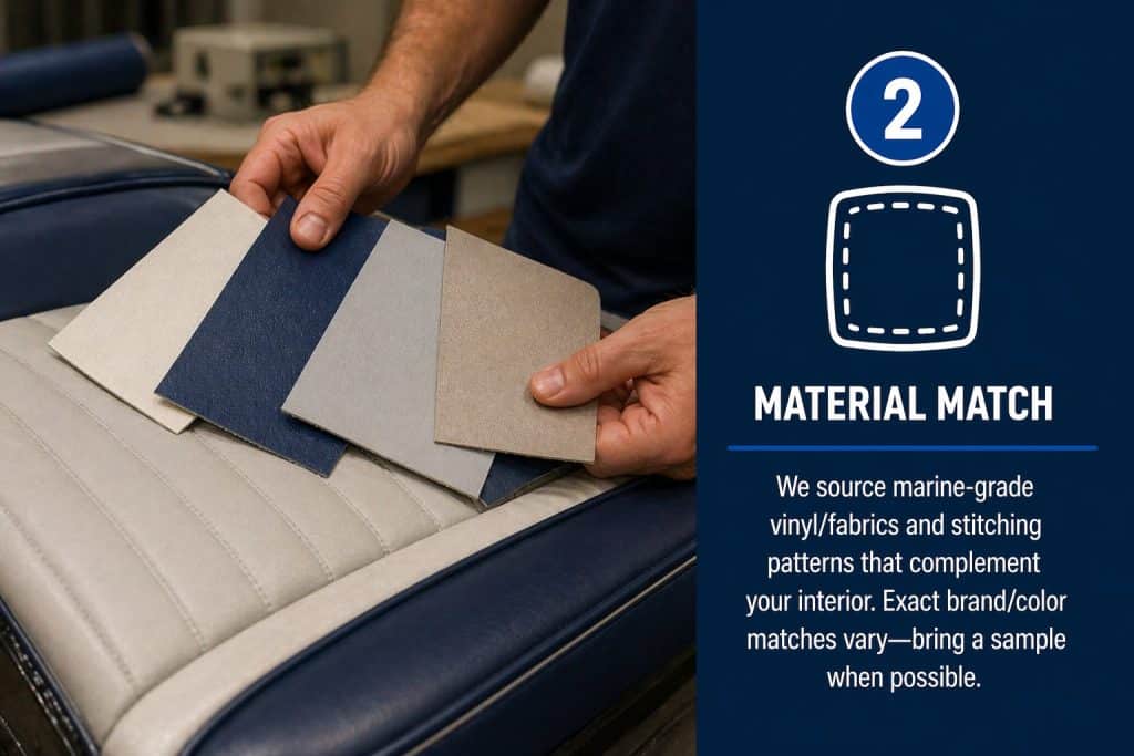 Sample swatches of marine-grade upholstery fabrics for furniture repair.