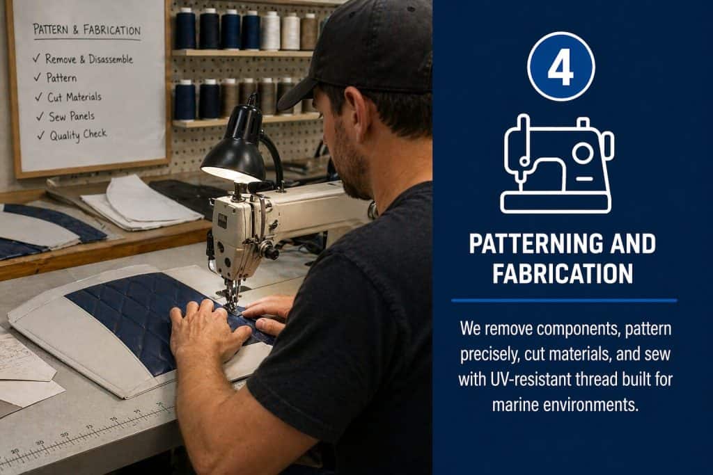 Upholstery worker sewing fabric with patterning tools in workshop.