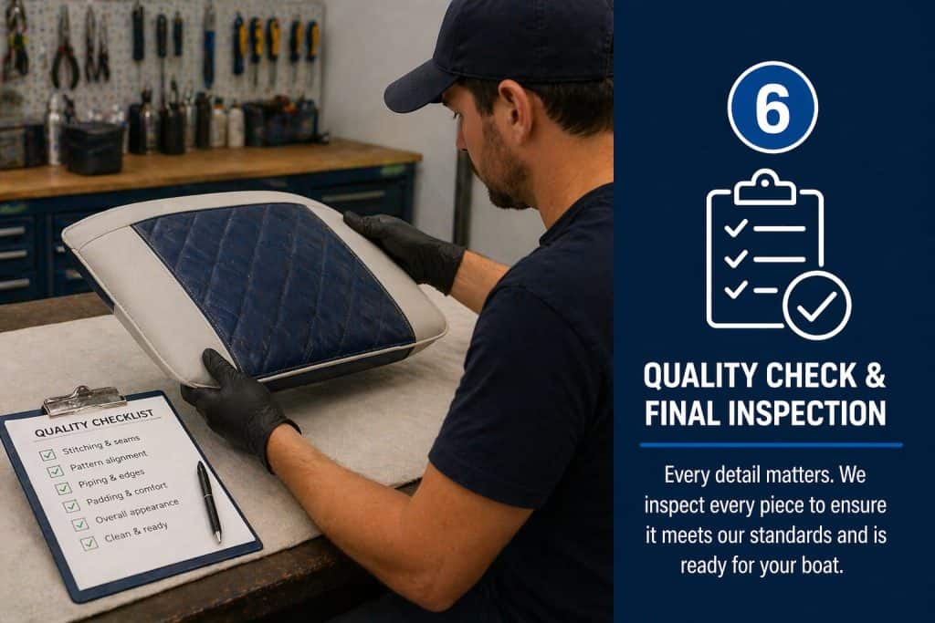 Technician inspecting boat upholstery for quality and repairs.