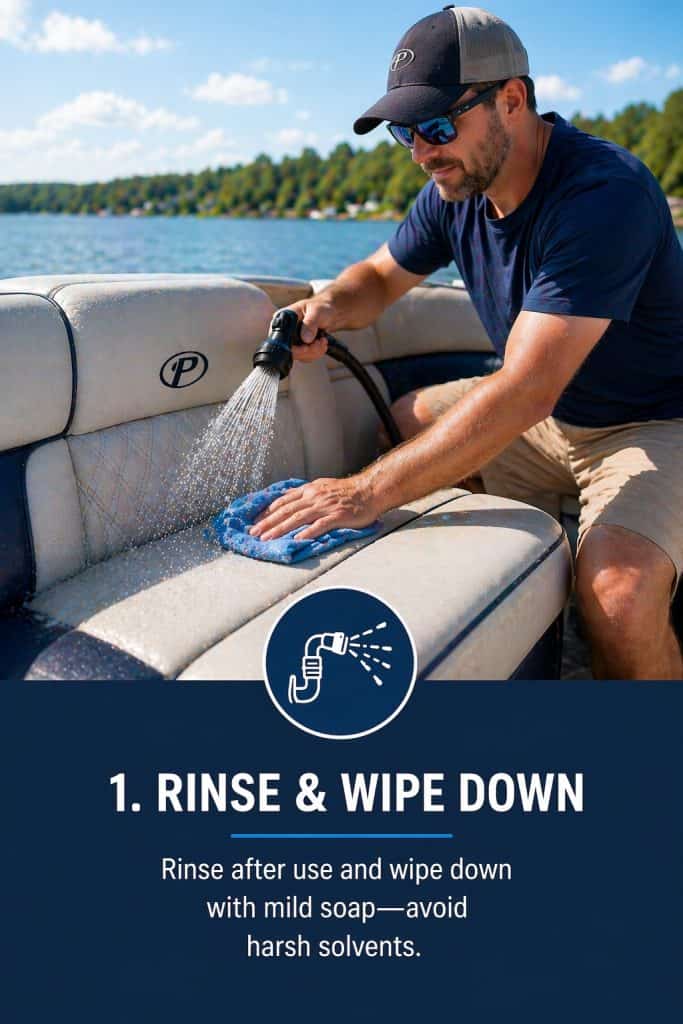 Man cleaning boat upholstery with water and sponge outdoors.