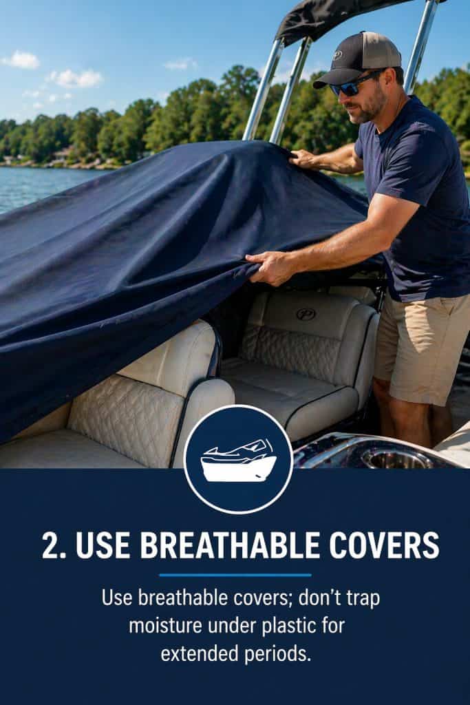 Waterproof boat cover protecting upholstery during repairs and storage.