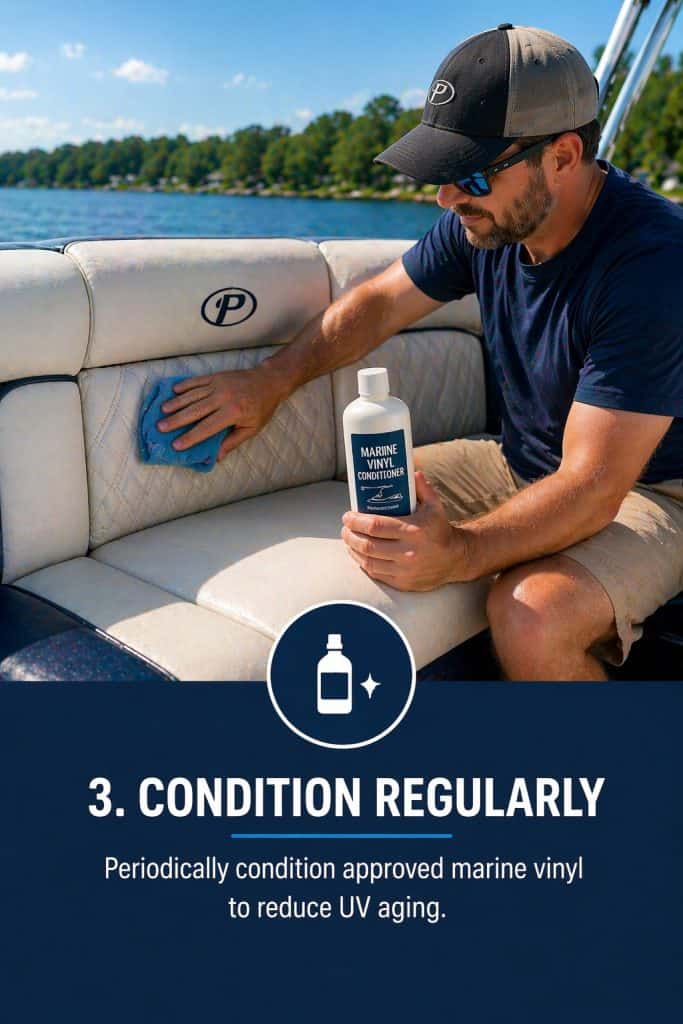 Man cleaning boat upholstery with marine vinyl cleaner on a boat seat.