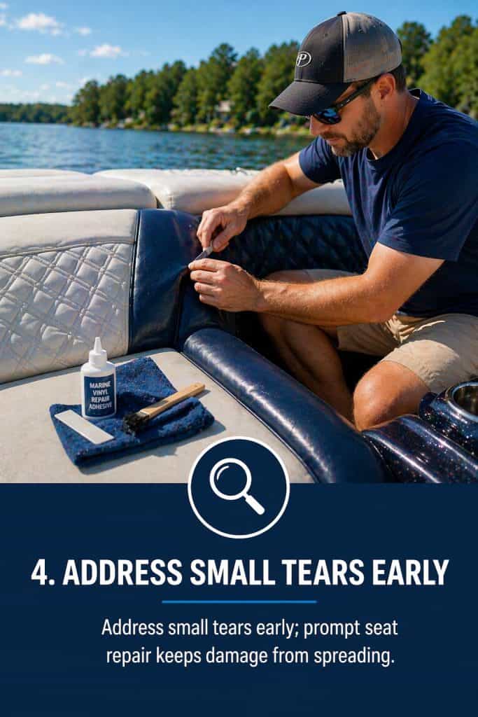 Repairing boat upholstery to prevent tears and damage. Expert upholstery repair services for boats a.