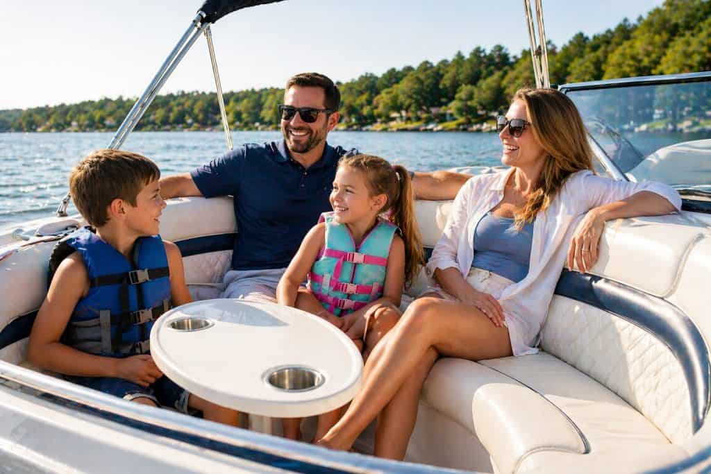 Boat family enjoying a sunny day on the water.
