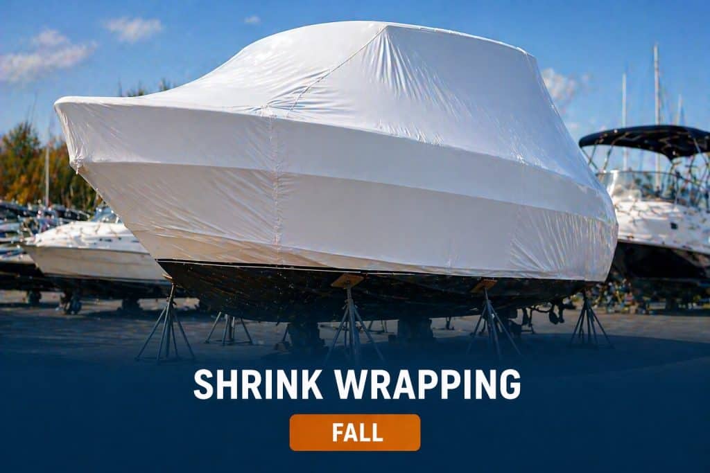 Boat covered with shrink wrap for winter protection at marina.