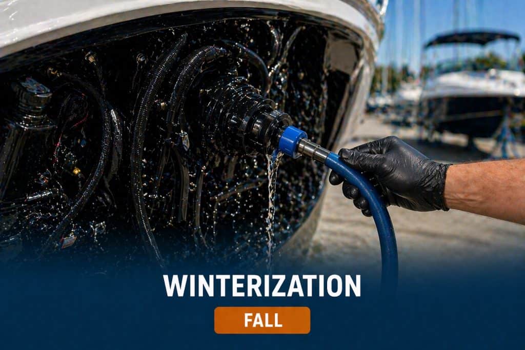 Technician performing boat winterization with water hose at ASFB Marine.