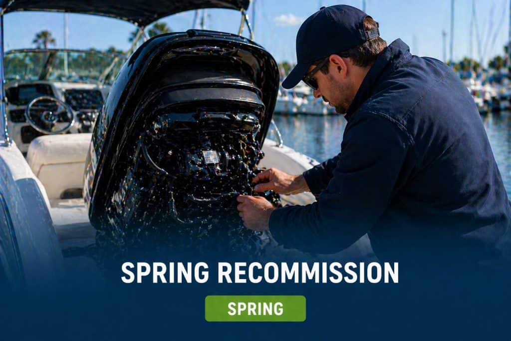 Technician performing spring boat engine recommissioning at marina.