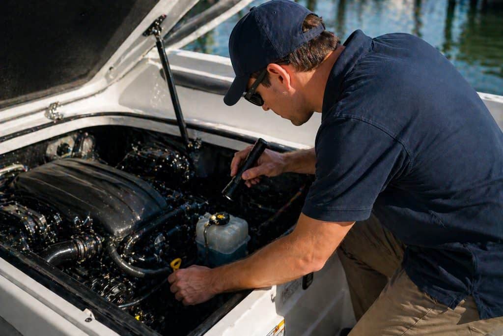 Technician inspecting boat engine during spring and fall tune-up service.