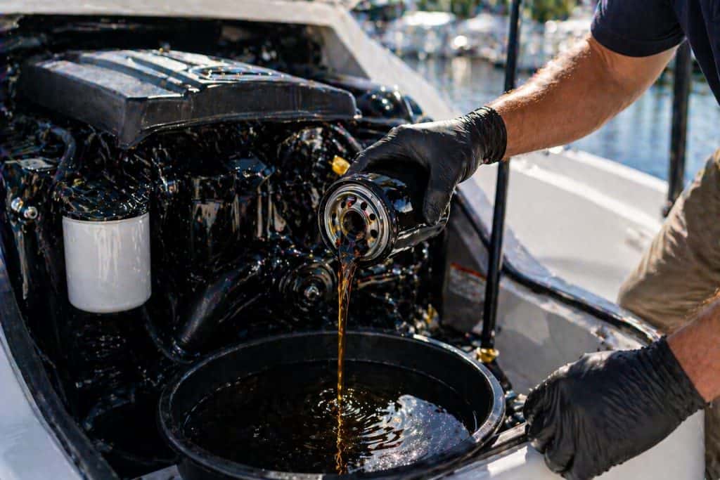 Boat engine being serviced with oil change in marina setting.