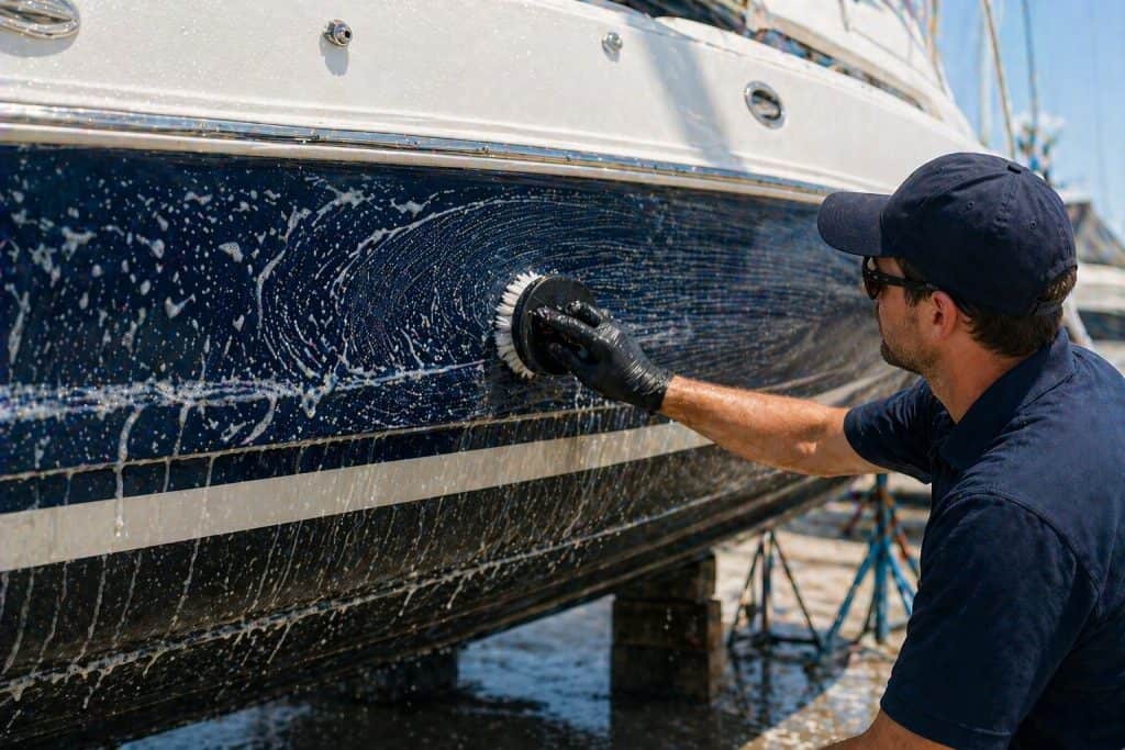 Man cleaning a boat hull with a power washer at marina.