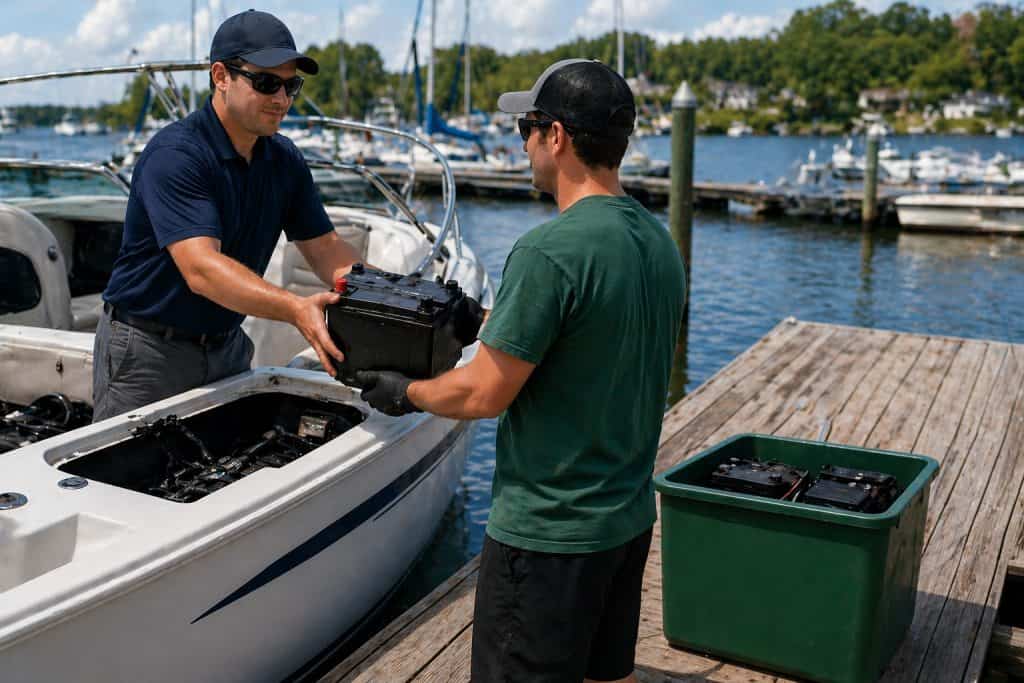 Technician replacing boat battery near marina with dock and water background.