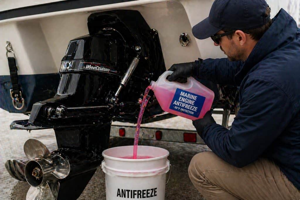 Boat engine antifreeze being poured during spring and fall maintenance.
