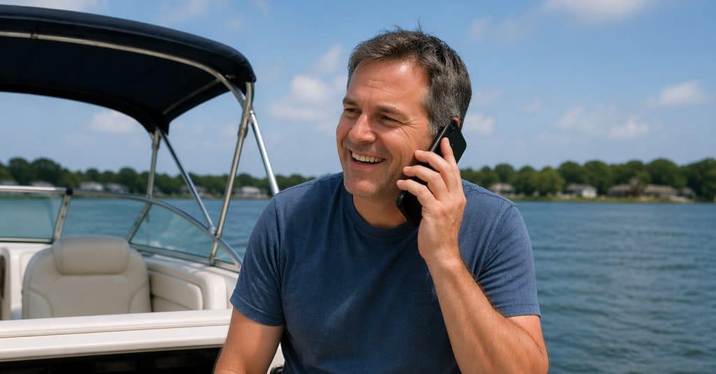 Boat owner talking on the phone near a boat on the lake.