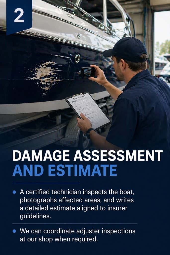 Damage assessment and estimate for boat repairs by certified technician.