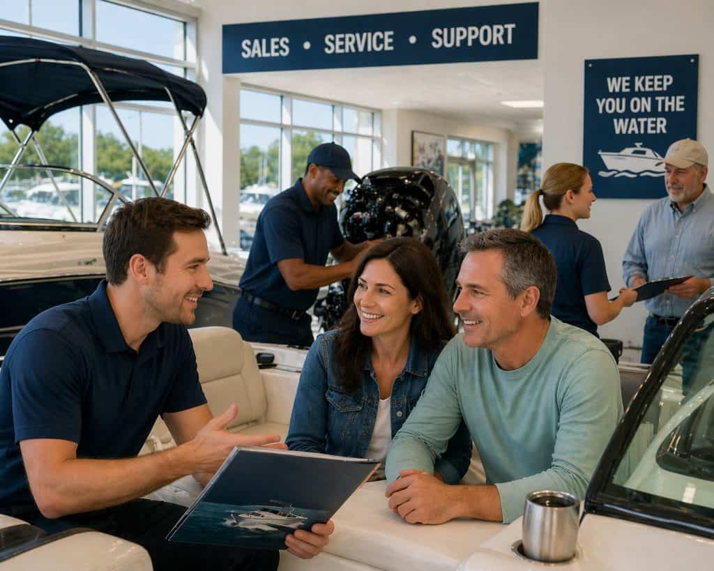 Friendly team assisting customers at boat dealership showroom.