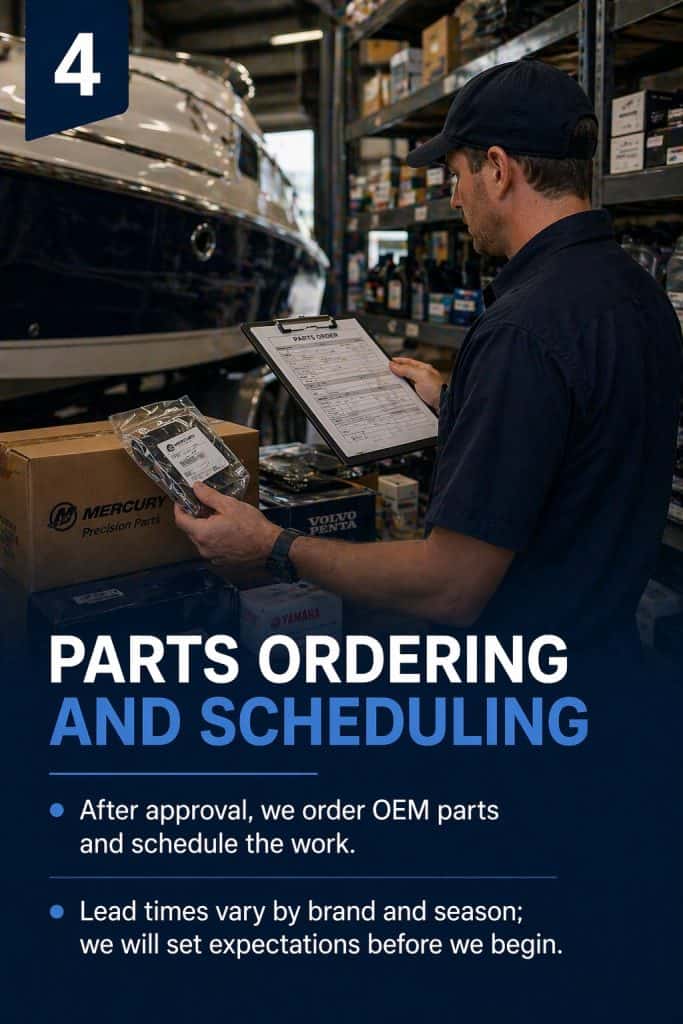 Technician reviewing OEM parts order sheet in auto repair shop for warranty repair.