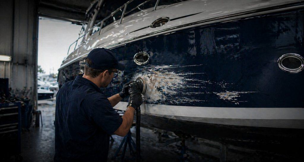 Boat repair technician polishing a yacht hull in a workshop.