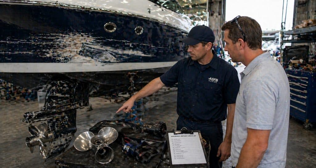 Technicians examining boat engine parts during insurance and warranty repair process.