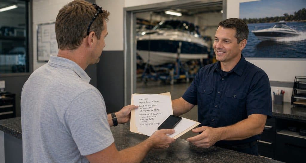 Customer receiving insurance and warranty repair consultation at service center.