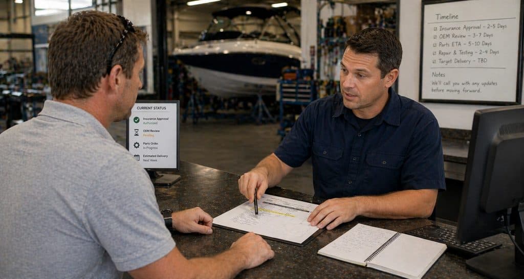 Customer discussing insurance and warranty repair options with technician.