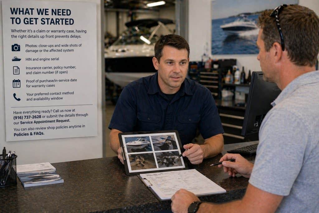 Customer consulting with service representative about marine insurance and warranty repair.