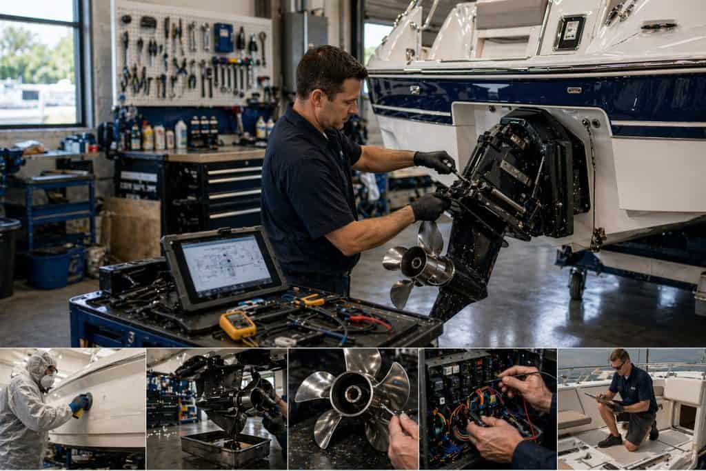 Engine repair technician working on boat engine in a repair shop.