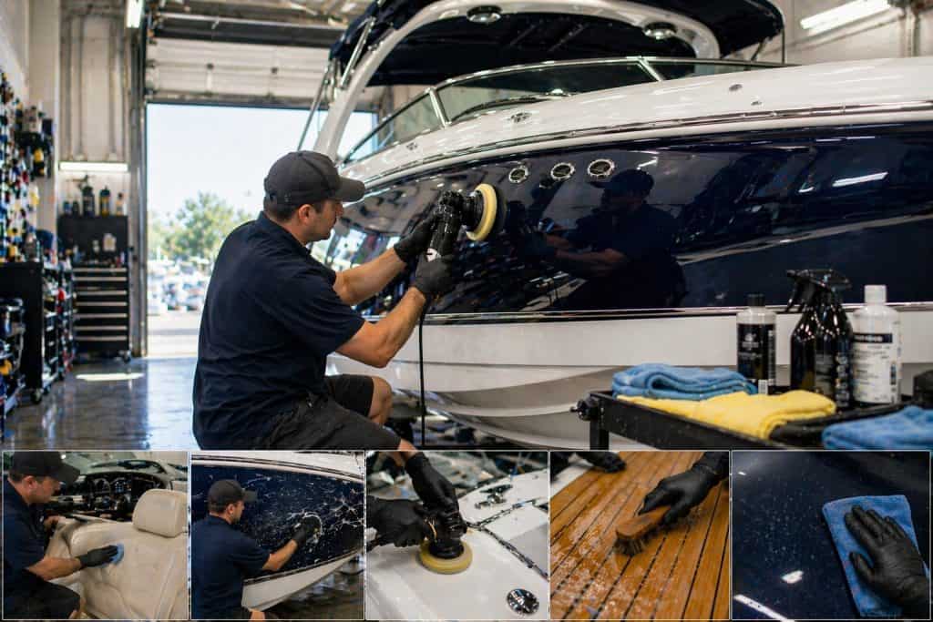 Boat detailing and restoration process for a luxury yacht.