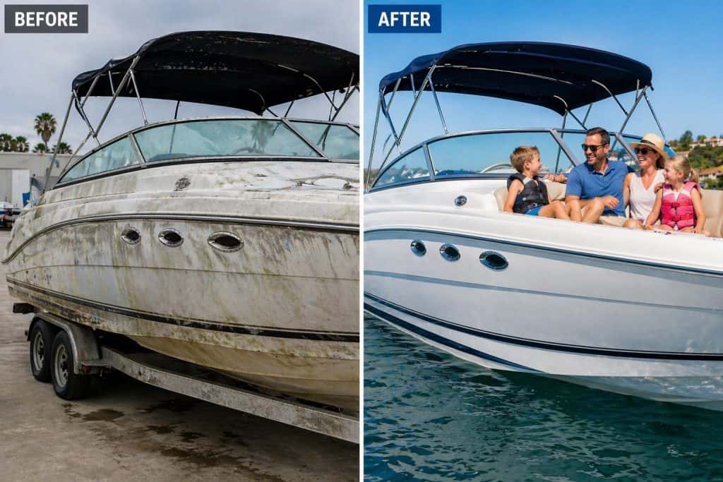 Boat detailing and restoration before and after cleaning.