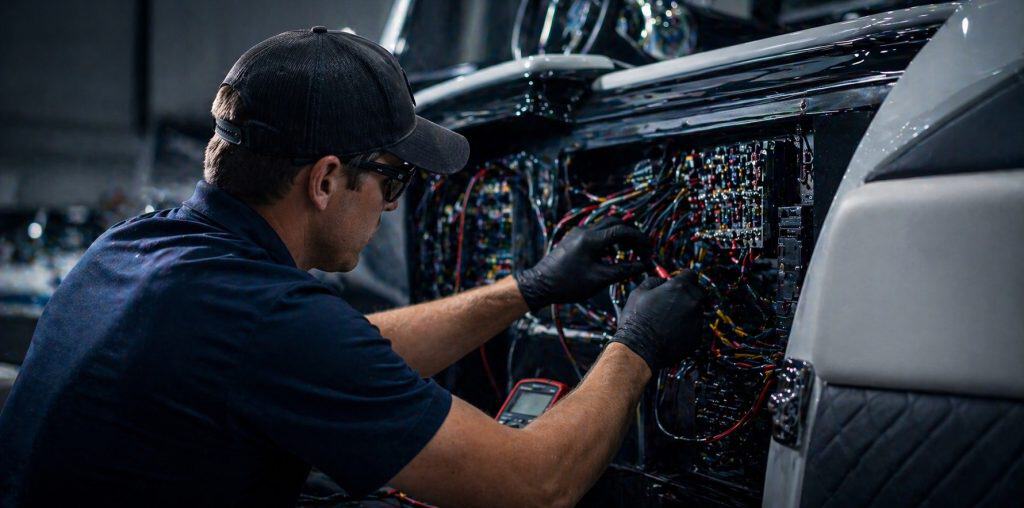Electrical repair technician working on boat wiring and electrical systems.
