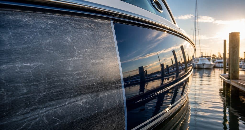 Boat fiberglass repair and gel coat restoration at marina.