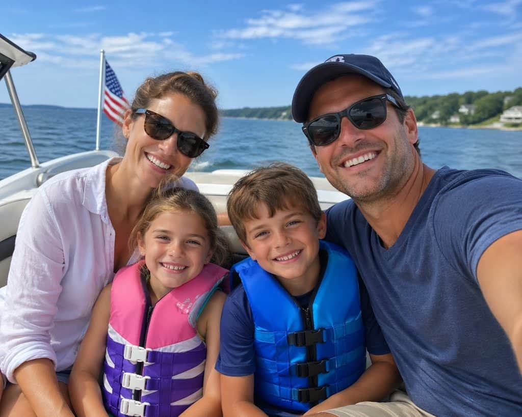 Happy family on a boat with life jackets, enjoying a sunny day on the water.