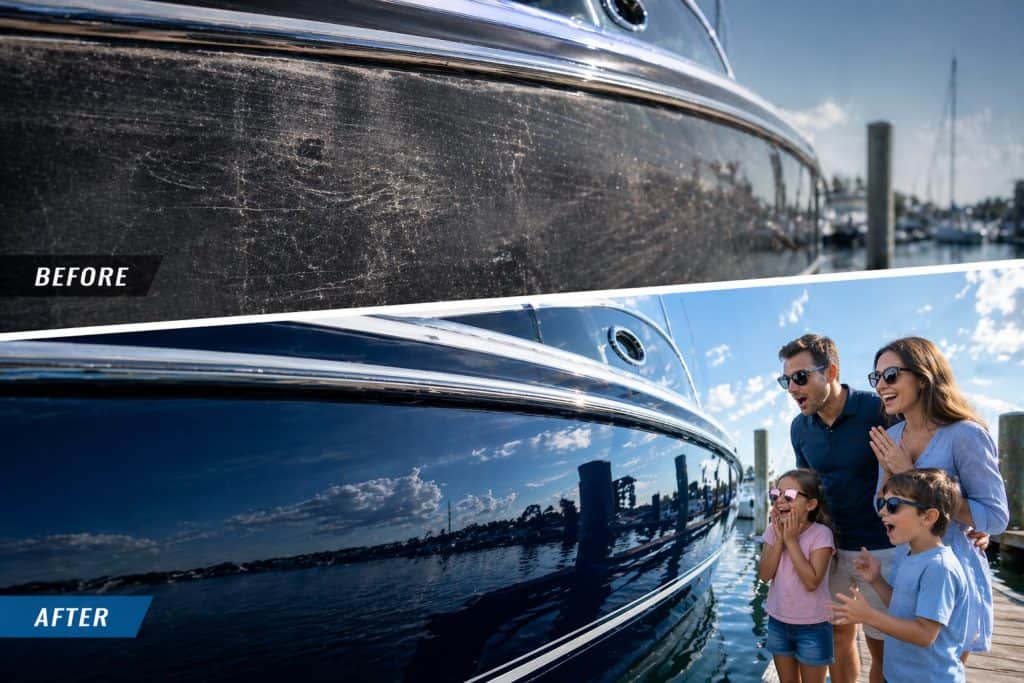 Boat fiberglass and gel coat repair before and after.