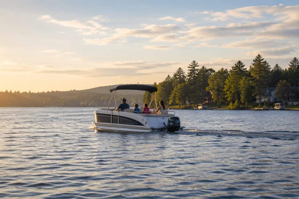 A boat cruising on a lake at sunset, perfect for 100-Hour Engine Service.