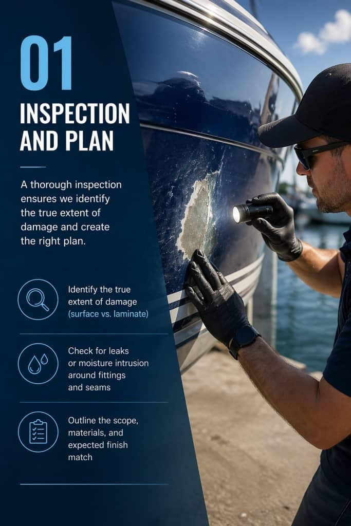 Boat Gel Coat & Fiberglass Repair Inspection for surface damage and leaks.